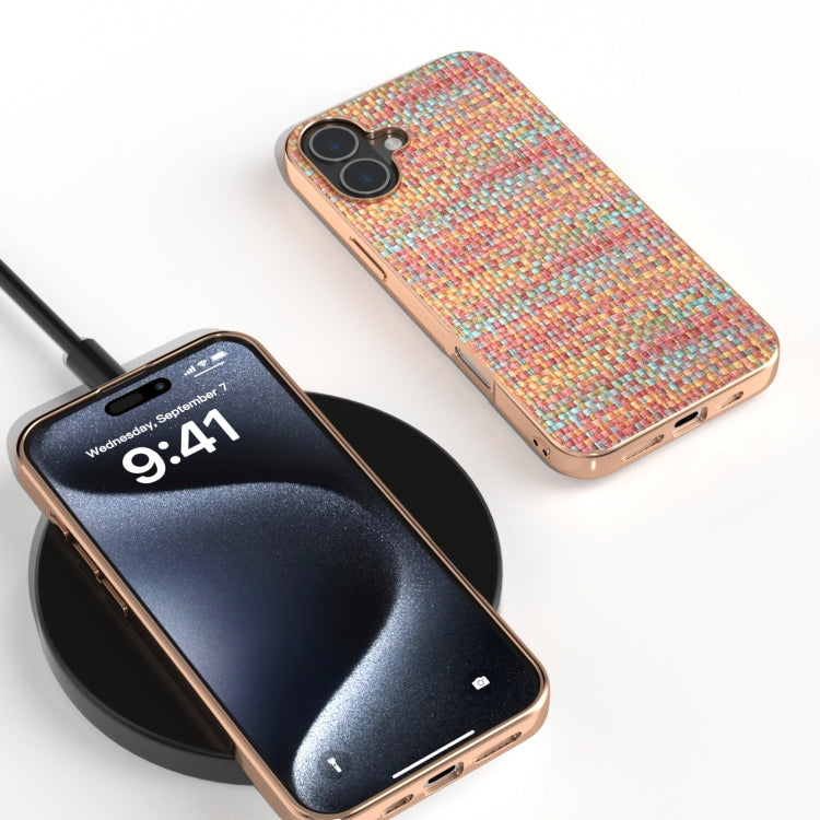For iPhone 16 Electroplated Frame Color Lattice Texture PU Phone Case