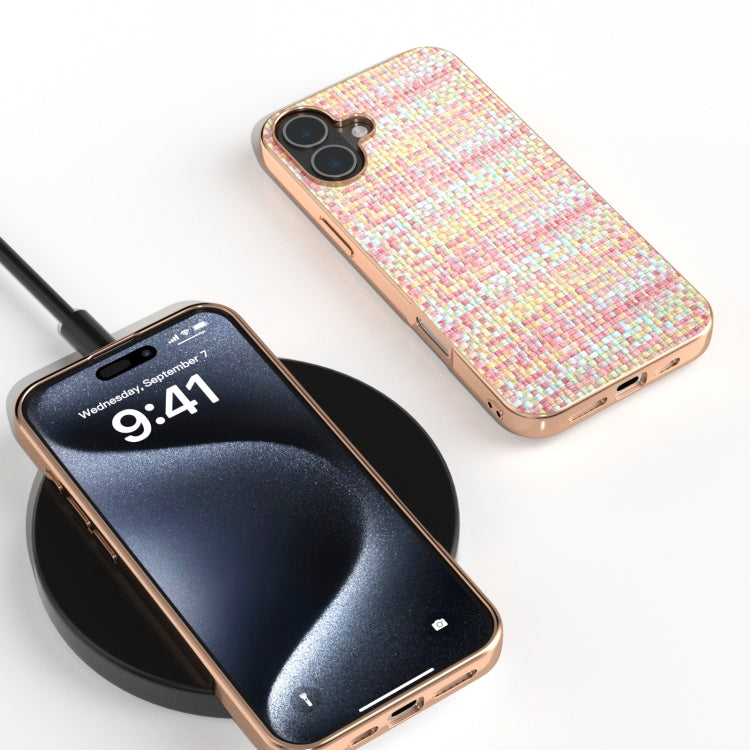 For iPhone 16 Electroplated Frame Color Lattice Texture PU Phone Case