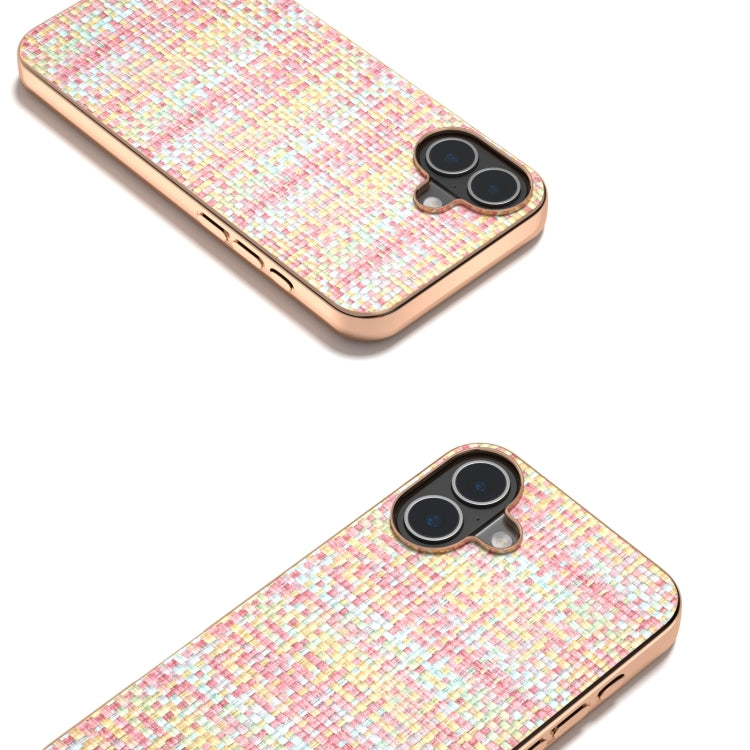 For iPhone 16 Electroplated Frame Color Lattice Texture PU Phone Case