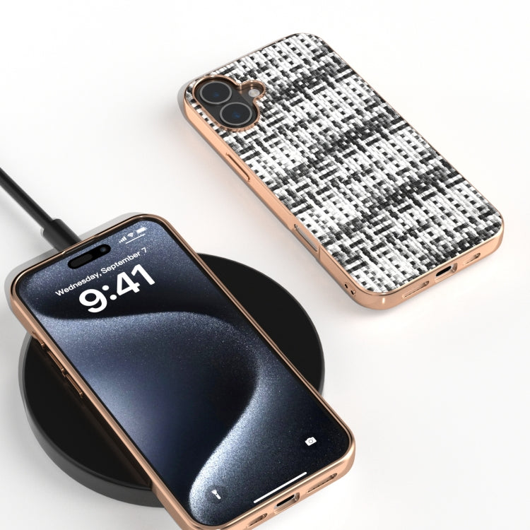 For iPhone 16 Electroplated Frame Color Lattice Texture PU Phone Case