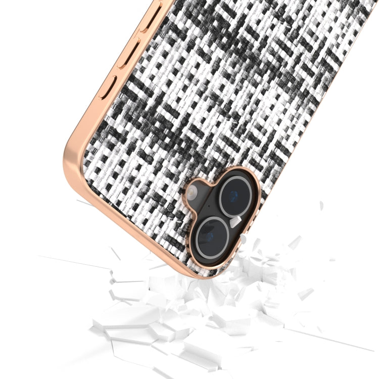 For iPhone 16 Electroplated Frame Color Lattice Texture PU Phone Case