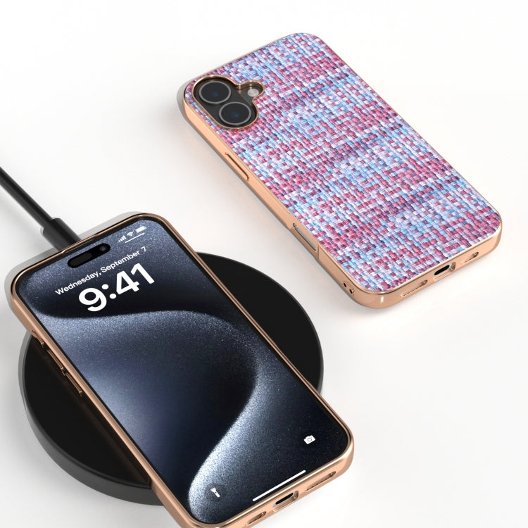 For iPhone 16 Electroplated Frame Color Lattice Texture PU Phone Case