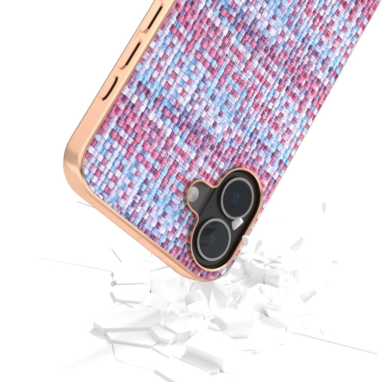 For iPhone 16 Electroplated Frame Color Lattice Texture PU Phone Case
