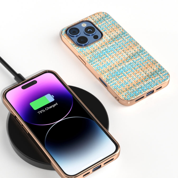For iPhone 16 Pro Electroplated Frame Color Lattice Texture PU Phone Case