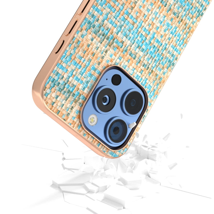 For iPhone 16 Pro Electroplated Frame Color Lattice Texture PU Phone Case
