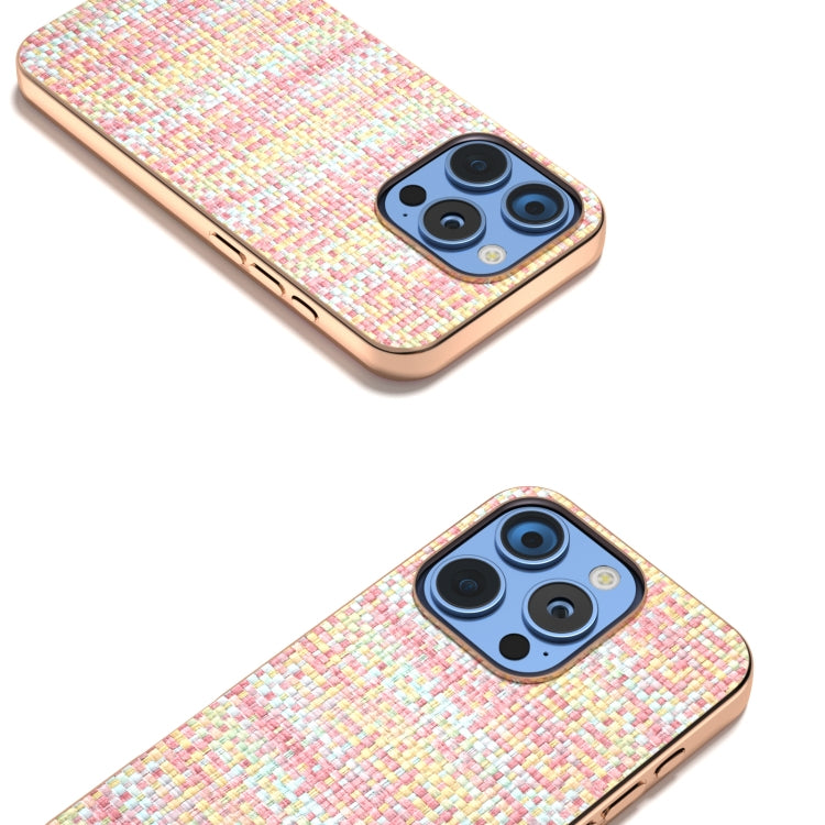 For iPhone 16 Pro Electroplated Frame Color Lattice Texture PU Phone Case