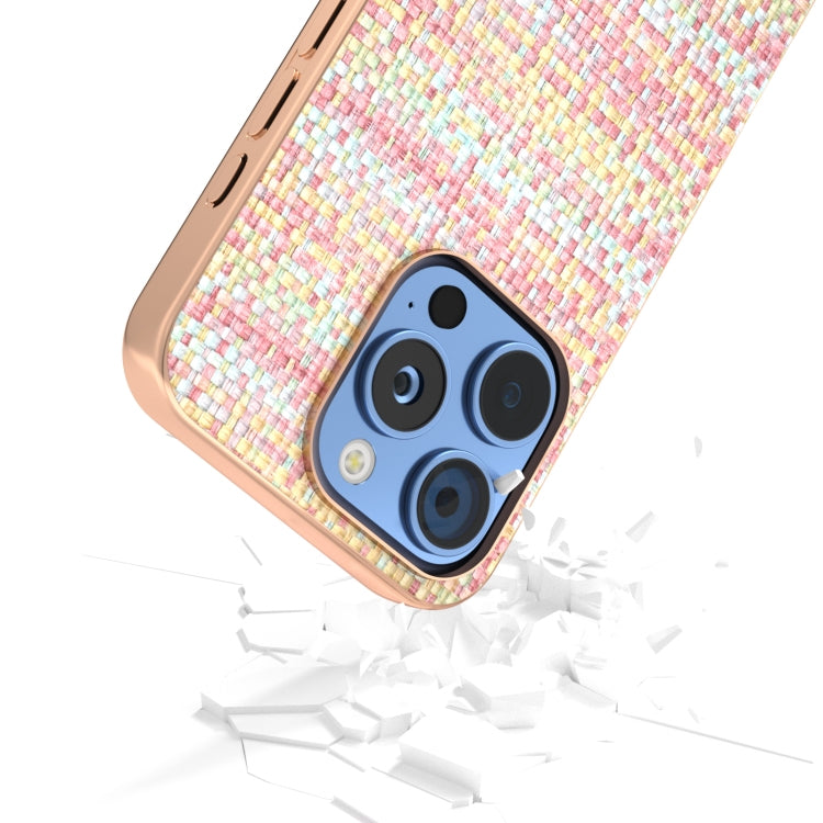 For iPhone 16 Pro Electroplated Frame Color Lattice Texture PU Phone Case