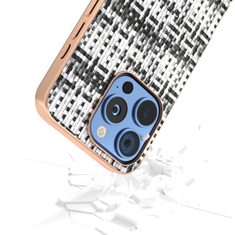 For iPhone 16 Pro Electroplated Frame Color Lattice Texture PU Phone Case