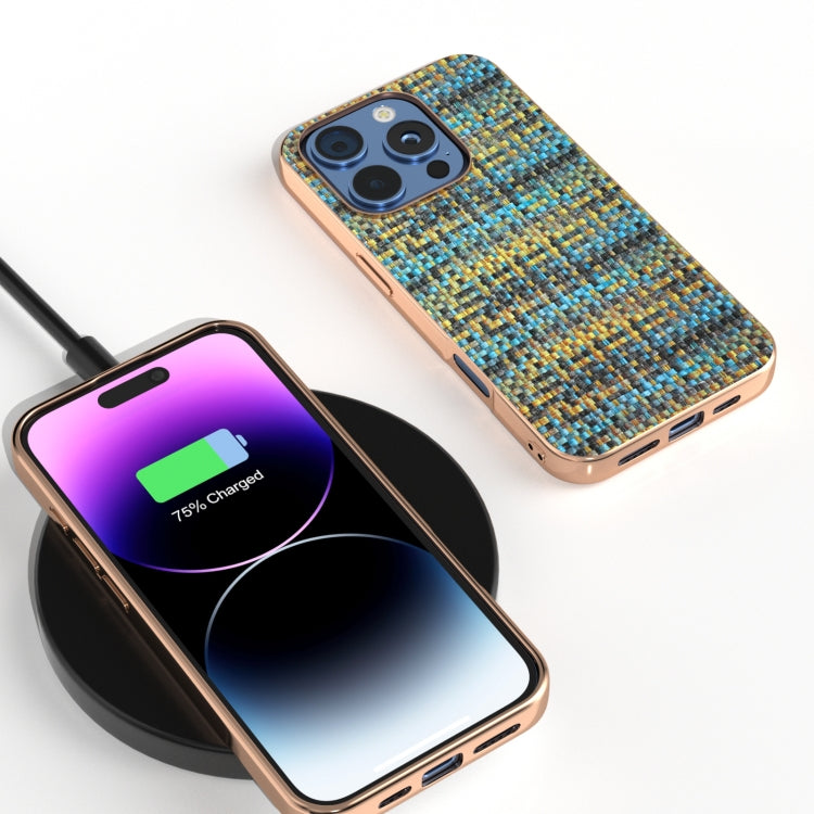 For iPhone 16 Pro Electroplated Frame Color Lattice Texture PU Phone Case