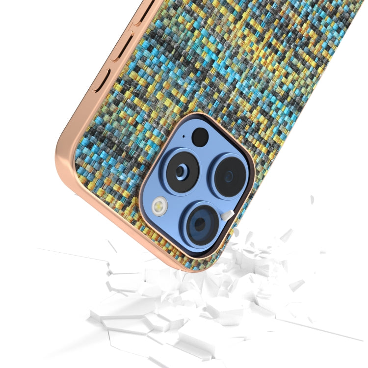 For iPhone 16 Pro Electroplated Frame Color Lattice Texture PU Phone Case