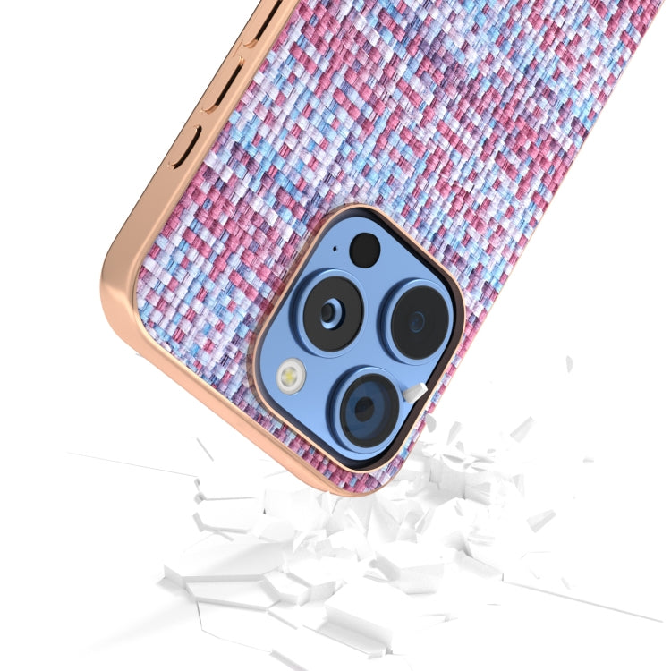 For iPhone 16 Pro Electroplated Frame Color Lattice Texture PU Phone Case
