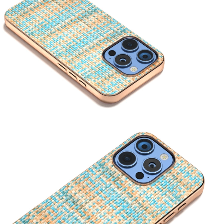 For iPhone 16 Pro Max Electroplated Frame Color Lattice Texture PU Phone Case