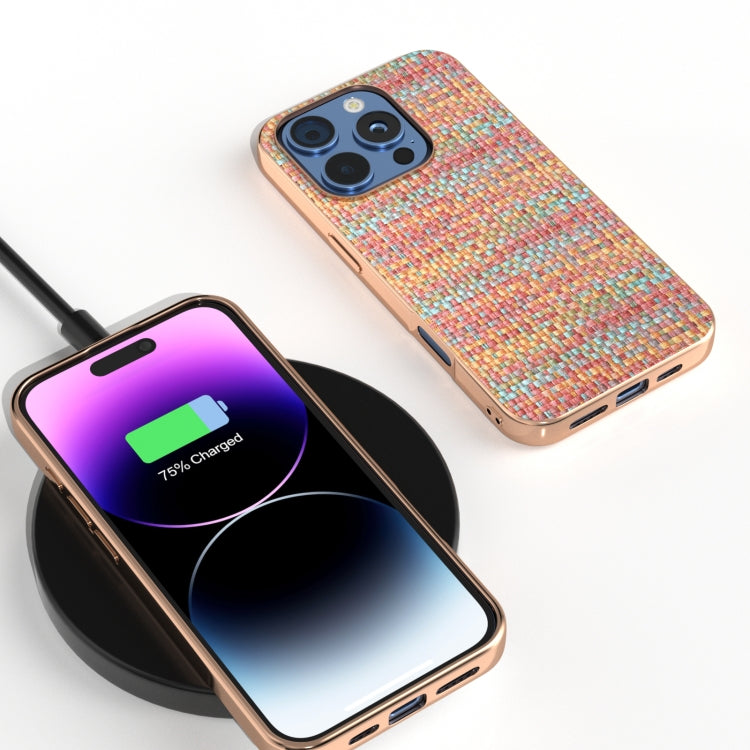 For iPhone 16 Pro Max Electroplated Frame Color Lattice Texture PU Phone Case