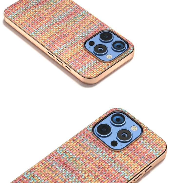 For iPhone 16 Pro Max Electroplated Frame Color Lattice Texture PU Phone Case