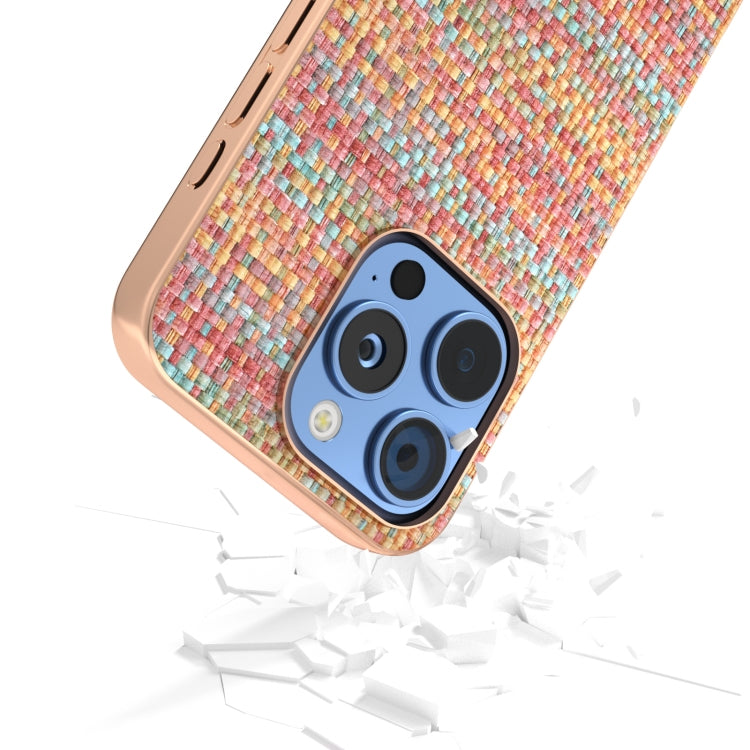 For iPhone 16 Pro Max Electroplated Frame Color Lattice Texture PU Phone Case