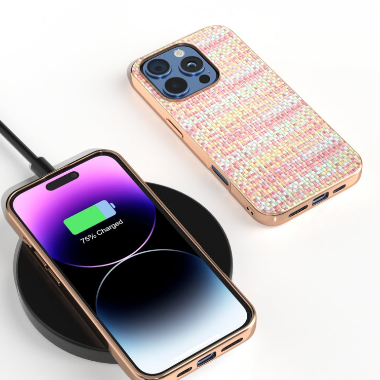 For iPhone 16 Pro Max Electroplated Frame Color Lattice Texture PU Phone Case