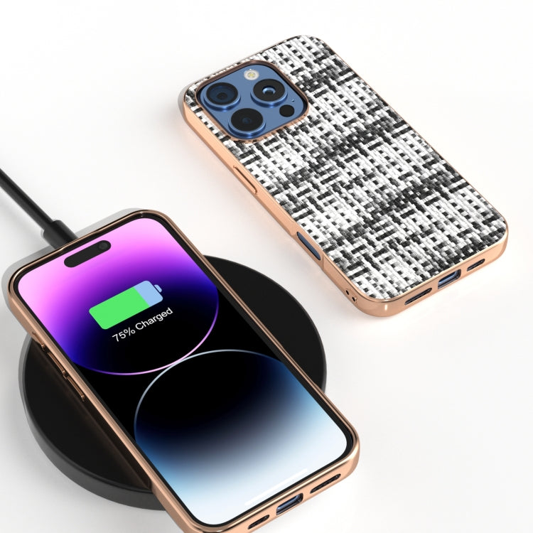 For iPhone 16 Pro Max Electroplated Frame Color Lattice Texture PU Phone Case
