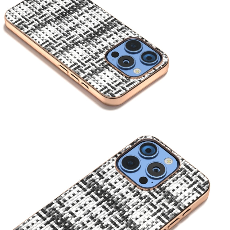For iPhone 16 Pro Max Electroplated Frame Color Lattice Texture PU Phone Case