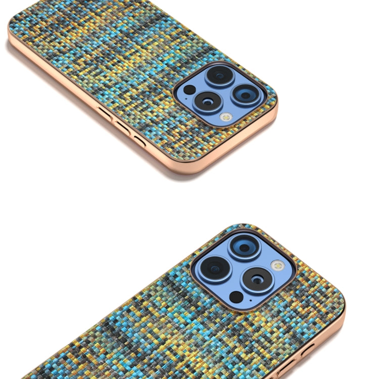 For iPhone 16 Pro Max Electroplated Frame Color Lattice Texture PU Phone Case