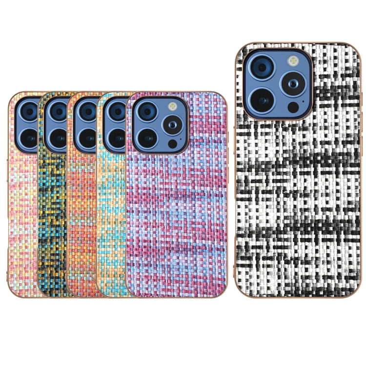 For iPhone 16 Pro Max Electroplated Frame Color Lattice Texture PU Phone Case