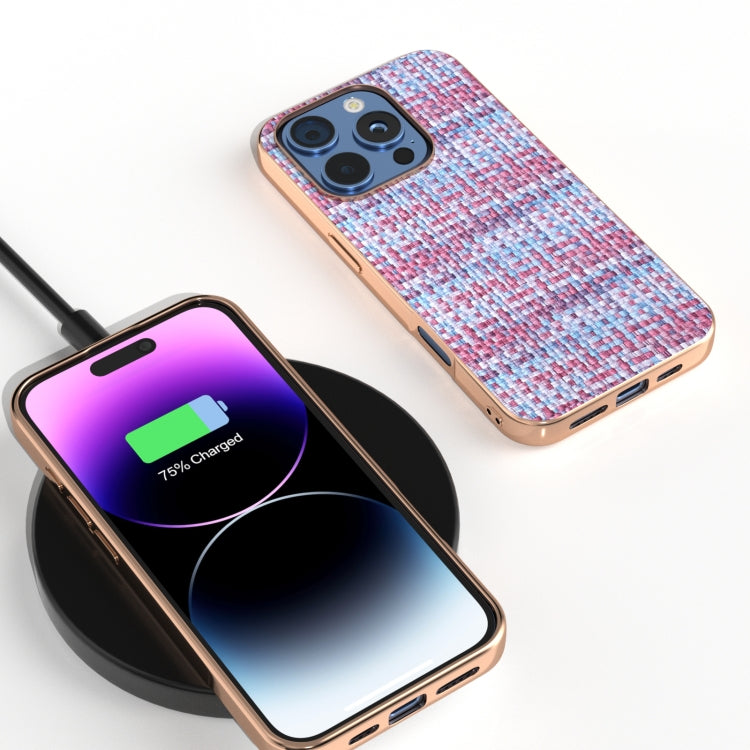 For iPhone 16 Pro Max Electroplated Frame Color Lattice Texture PU Phone Case