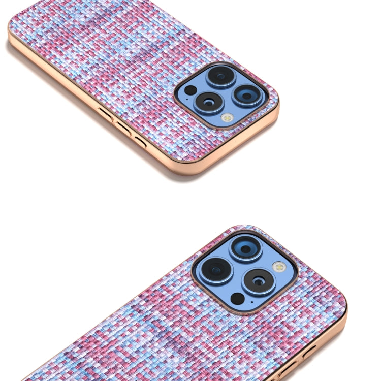 For iPhone 16 Pro Max Electroplated Frame Color Lattice Texture PU Phone Case