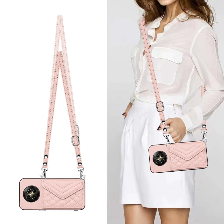 For Realme 12+ 5G India Rhombic Texture Card Bag RFID Phone Case with Long Lanyard