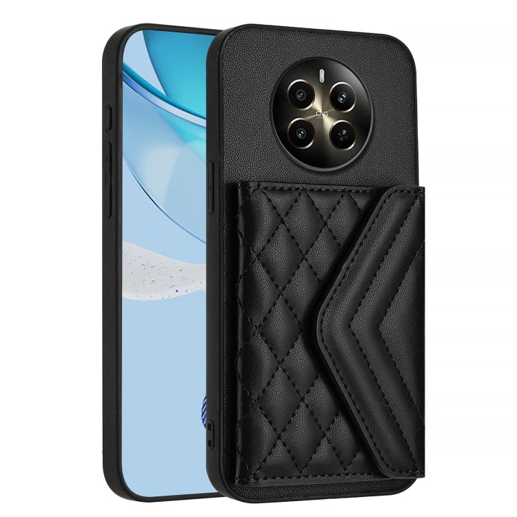 For Realme 12+ 5G India Rhombic Texture Card Bag RFID Phone Case with Long Lanyard