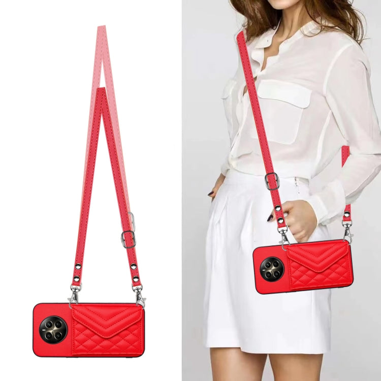 For Realme 12+ 5G India Rhombic Texture Card Bag RFID Phone Case with Long Lanyard