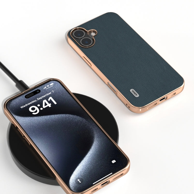 For iPhone 16 Plus ABEEL Electroplating Frame Genuine Leather Wave Phone Case