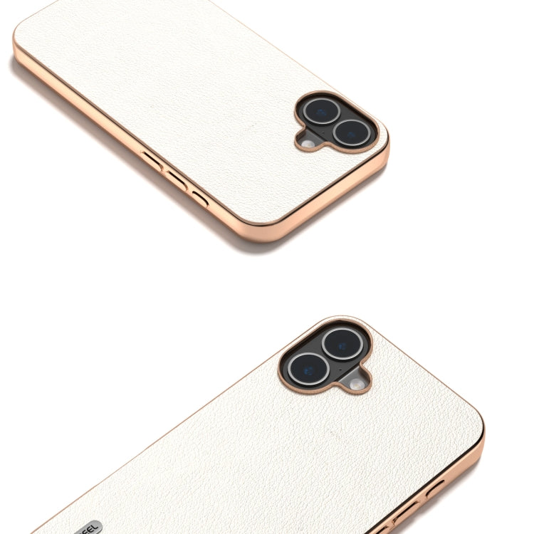 For iPhone 16 Plus ABEEL Electroplating Frame Genuine Leather Wave Phone Case