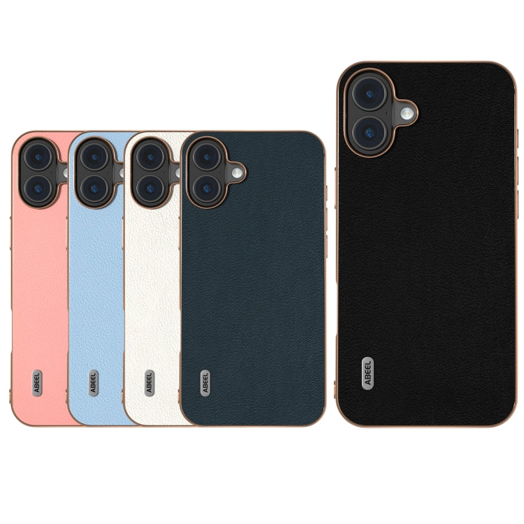 For iPhone 16 Plus ABEEL Electroplating Frame Genuine Leather Wave Phone Case