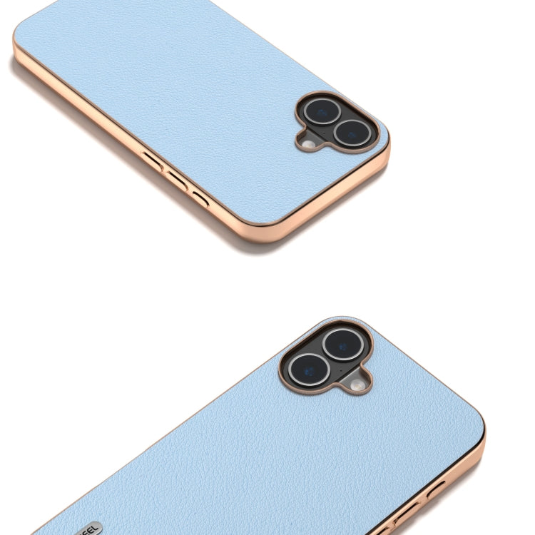 For iPhone 16 Plus ABEEL Electroplating Frame Genuine Leather Wave Phone Case