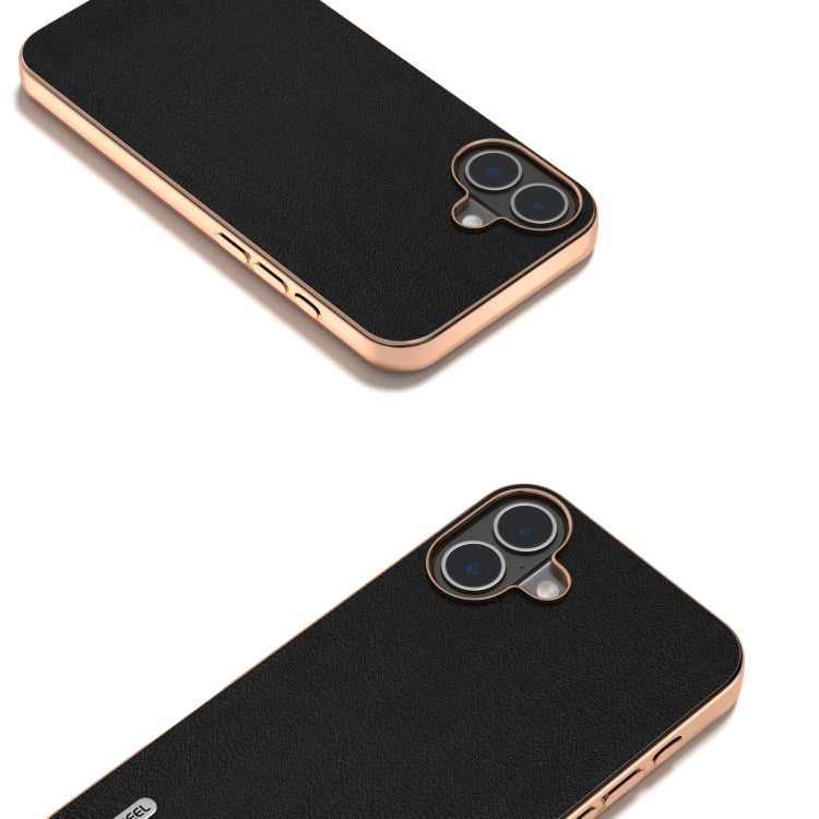 For iPhone 16 ABEEL Electroplating Frame Genuine Leather Wave Phone Case