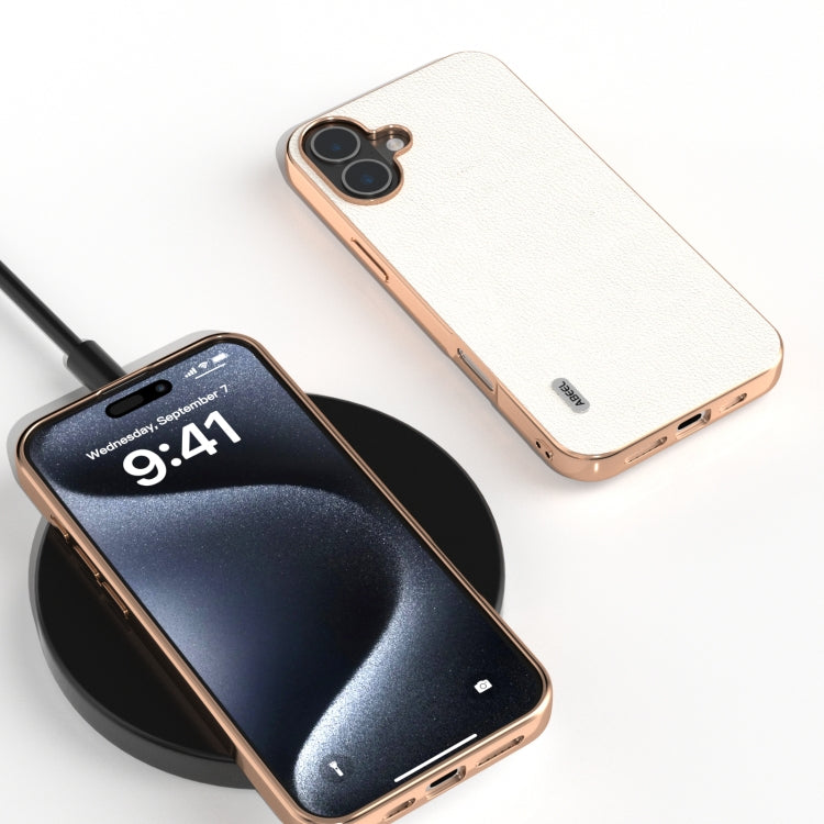 For iPhone 16 ABEEL Electroplating Frame Genuine Leather Wave Phone Case