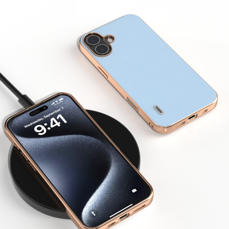 For iPhone 16 ABEEL Electroplating Frame Genuine Leather Wave Phone Case