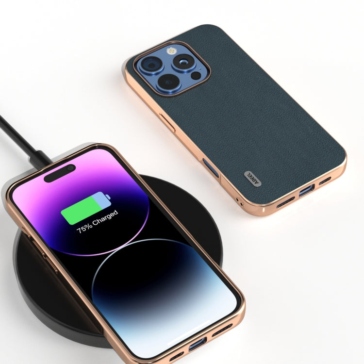 For iPhone 16 Pro ABEEL Electroplating Frame Genuine Leather Wave Phone Case