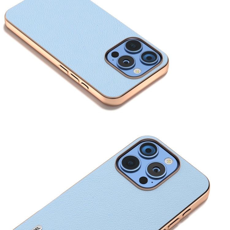 For iPhone 16 Pro ABEEL Electroplating Frame Genuine Leather Wave Phone Case