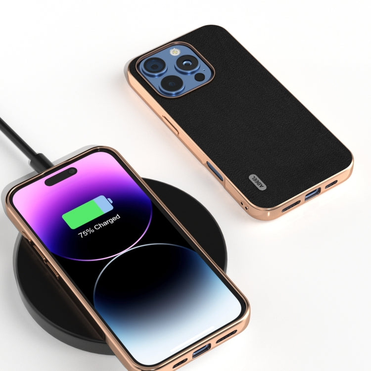 For iPhone 16 Pro Max ABEEL Electroplating Frame Genuine Leather Wave Phone Case