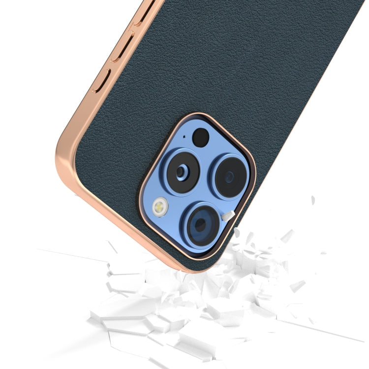 For iPhone 16 Pro Max ABEEL Electroplating Frame Genuine Leather Wave Phone Case