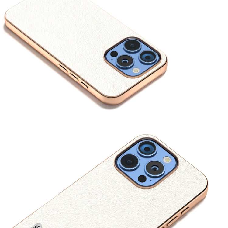 For iPhone 16 Pro Max ABEEL Electroplating Frame Genuine Leather Wave Phone Case