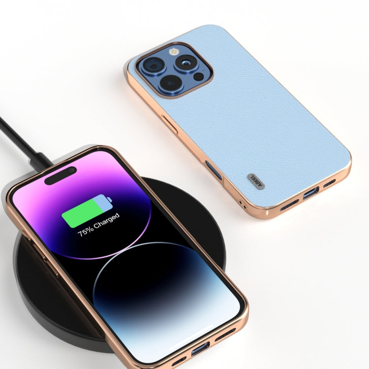 For iPhone 16 Pro Max ABEEL Electroplating Frame Genuine Leather Wave Phone Case