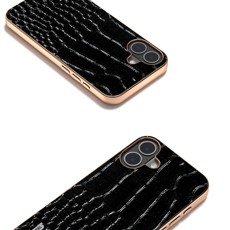 For iPhone 16 Plus ABEEL Electroplated Frame Genuine Leather Crocodile Pattern Phone Case