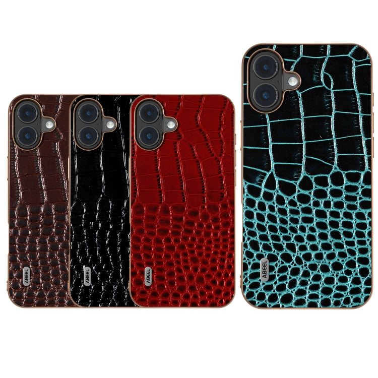 For iPhone 16 Plus ABEEL Electroplated Frame Genuine Leather Crocodile Pattern Phone Case