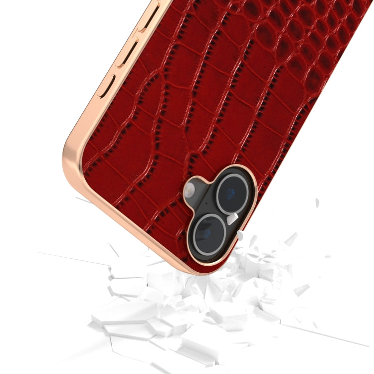 For iPhone 16 Plus ABEEL Electroplated Frame Genuine Leather Crocodile Pattern Phone Case