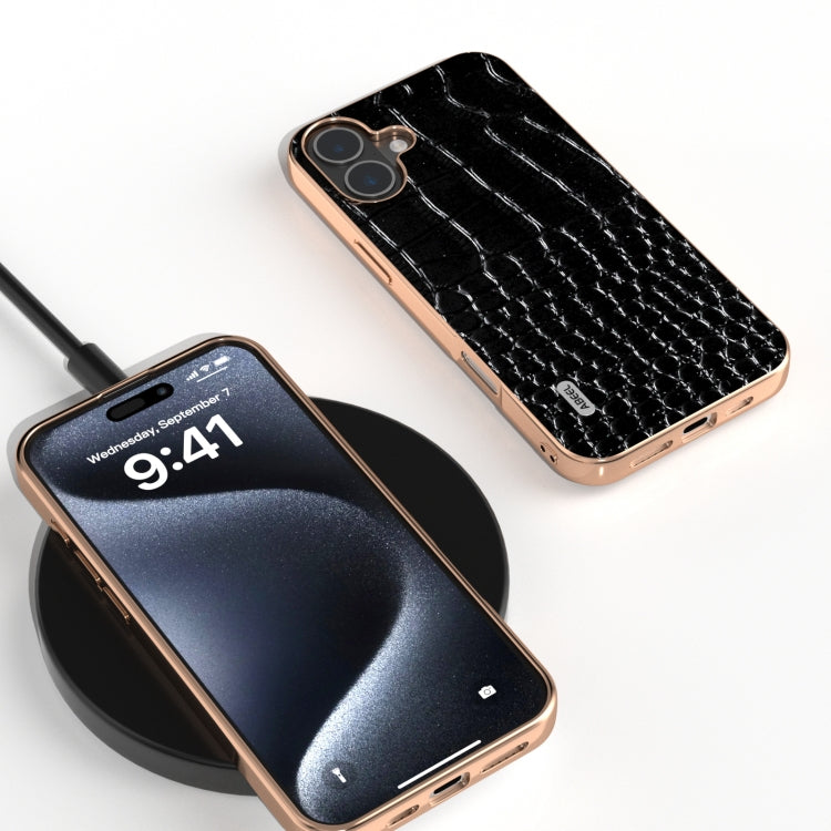For iPhone 16 ABEEL Electroplated Frame Genuine Leather Crocodile Pattern Phone Case
