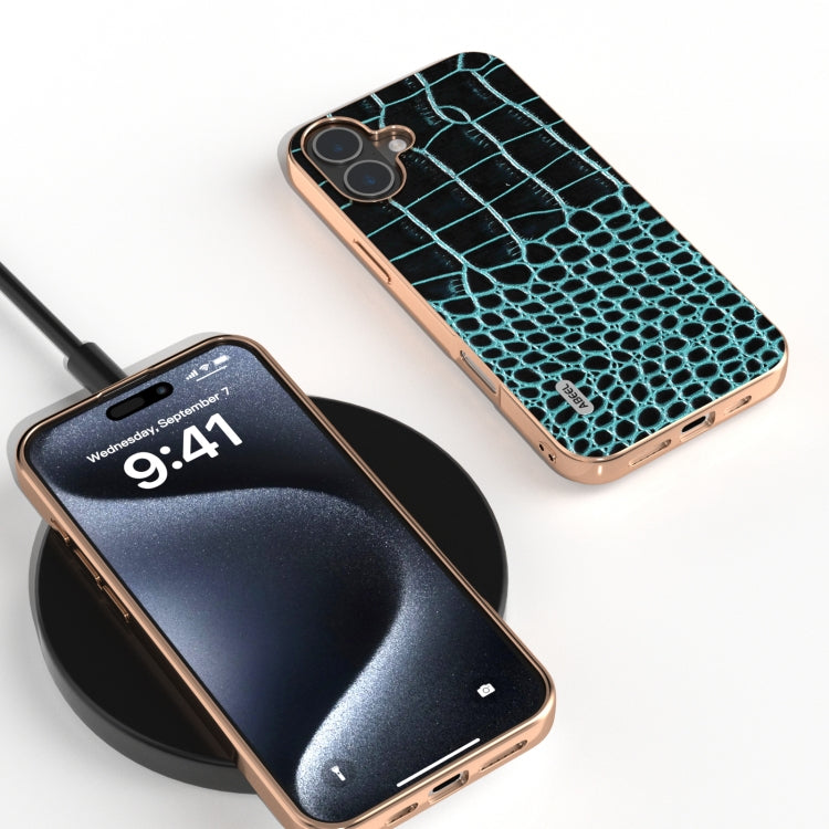For iPhone 16 ABEEL Electroplated Frame Genuine Leather Crocodile Pattern Phone Case