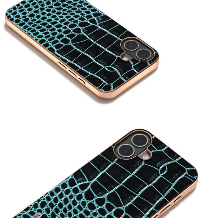 For iPhone 16 ABEEL Electroplated Frame Genuine Leather Crocodile Pattern Phone Case