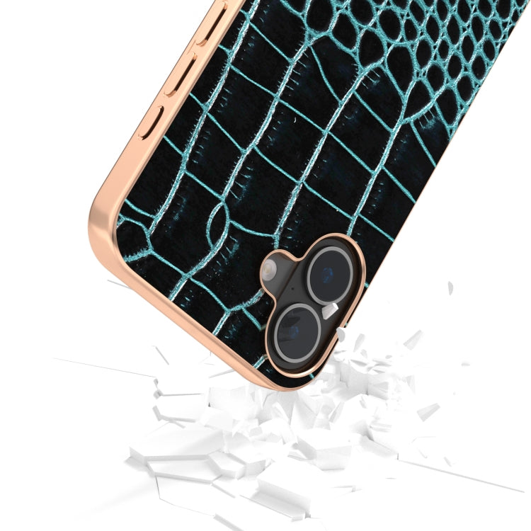 For iPhone 16 ABEEL Electroplated Frame Genuine Leather Crocodile Pattern Phone Case