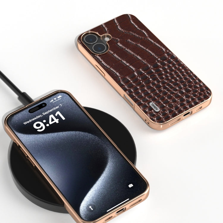 For iPhone 16 ABEEL Electroplated Frame Genuine Leather Crocodile Pattern Phone Case